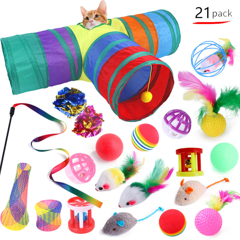 21 PCS Cat Toys Kitten Toys Set, Collapsible Cat Tunnels for Indoor Cats, Interactive Cat Feather Toy Fluffy Mouse Crinkle Balls