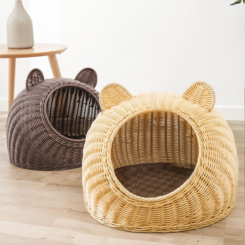 Dog Cat Kennel In Home Replaceable Covers Handmade Generic Rattan Woven Semi Enclosed Pet Villa Cat Nest House Dog Bed