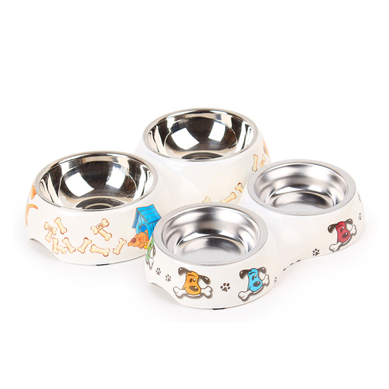 Stainless Steel Double Small Melamine Pet Bowl With Non-Skid Rubber Feet Food Water Dish Feeder For Dogs Cats And Pets