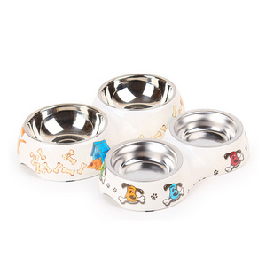 Stainless Steel Double Small Melamine Pet Bowl With Non-Skid Rubber Feet Food Water Dish Feeder For Dogs Cats And Pets