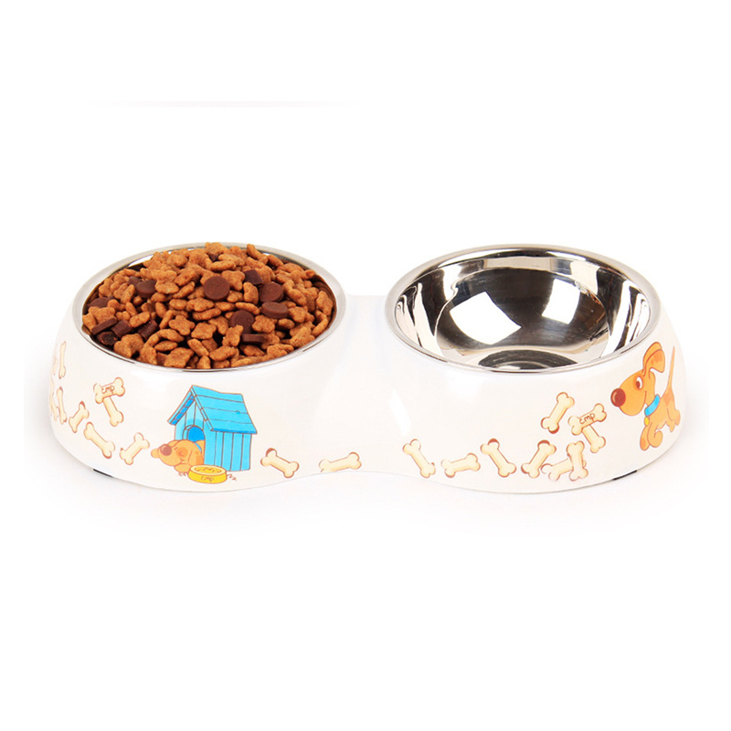 Stainless Steel Double Small Melamine Pet Bowl With Non-Skid Rubber Feet Food Water Dish Feeder For Dogs Cats And Pets