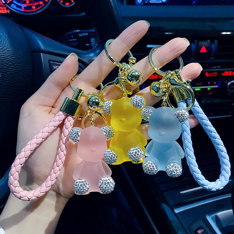 Wholesale Cute Kawaii Multi Color Leather Wristlet Crystal Resin Rhinestone Bear Keychain for Women