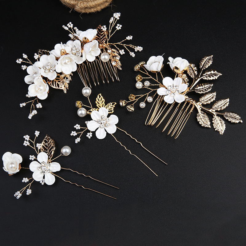 Bridal Hair Comb Leaves Hairpin Women's Wedding Hair Jewelry Accessories Handmade Enamel Flower Customized Logo Pearl Hair Pins