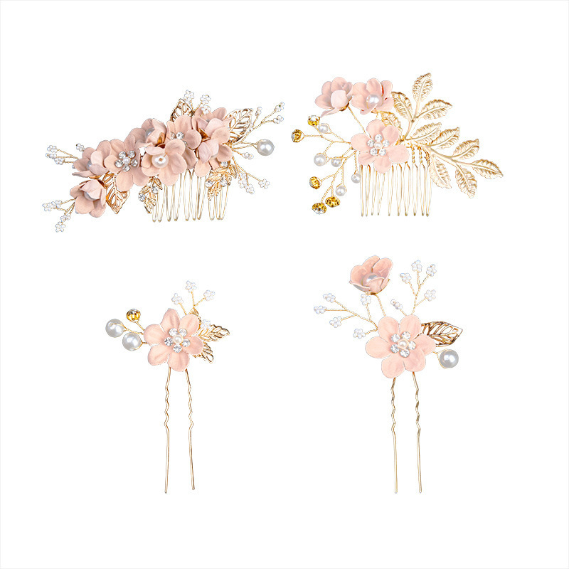 Bridal Hair Comb Leaves Hairpin Women's Wedding Hair Jewelry Accessories Handmade Enamel Flower Customized Logo Pearl Hair Pins