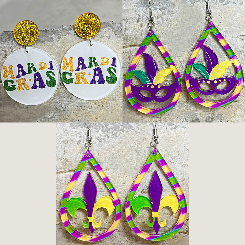 Mardi Gras Mask Earrings Glitter Teardrop Dangle Fleur De Lis Feather Green Purple Gold Hollow Jewelry Masquerade Earrings