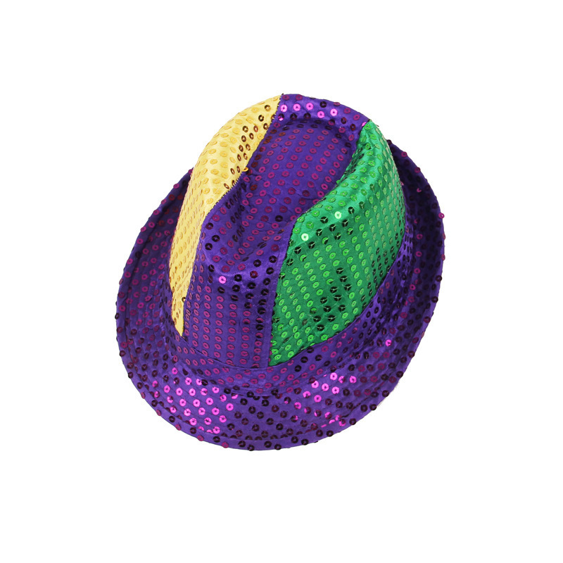 Mardi Gras Fleur De Lis Fedora Purple Green and Gold Sequin Parade Wear Carnival Men Women Hip Hop Hat