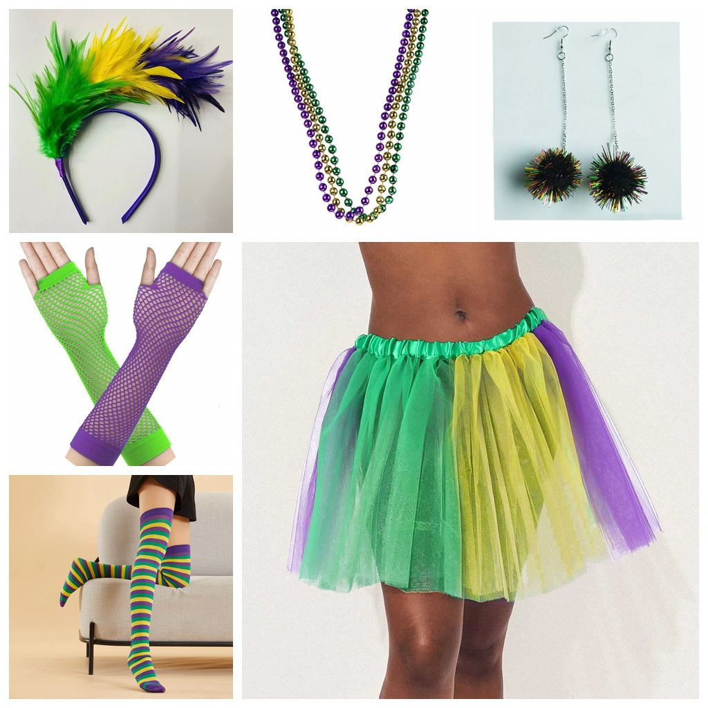 6 Pieces Fleur De Lis Glove Costume Outfit Accessories Mardi Gras Set Tutu Skirt Faux Feather Beads Long Socks for Women