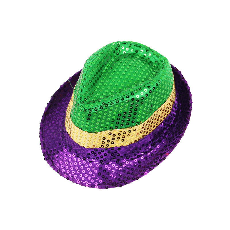 Mardi Gras Fleur De Lis Fedora Purple Green and Gold Sequin Parade Wear Carnival Men Women Hip Hop Hat