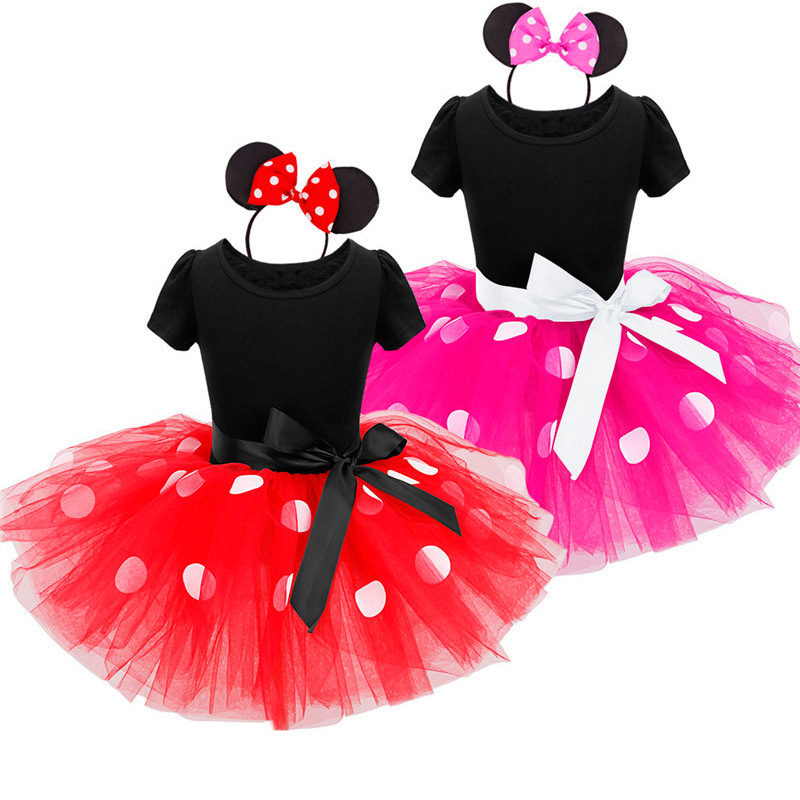 Summer Minnie Girls Tutu Dresses Polka Dot Princess Dress Children Birthday Party Outfits with Headband Kids Bow Clothes