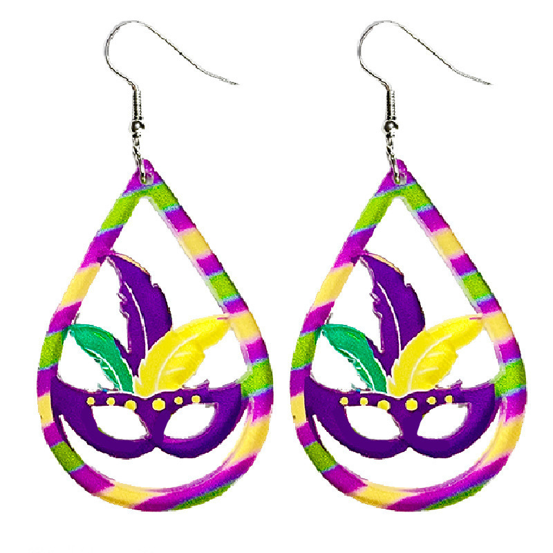 Mardi Gras Mask Earrings Glitter Teardrop Dangle Fleur De Lis Feather Green Purple Gold Hollow Jewelry Masquerade Earrings