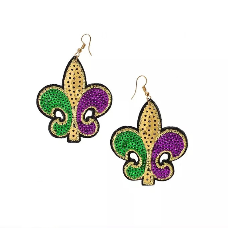 Mardi Gras Large Sequin Multi Colored Wide Sequin Fleur de Lis Earrings Purple Green Gold Costume Parade Party Carnival Earring