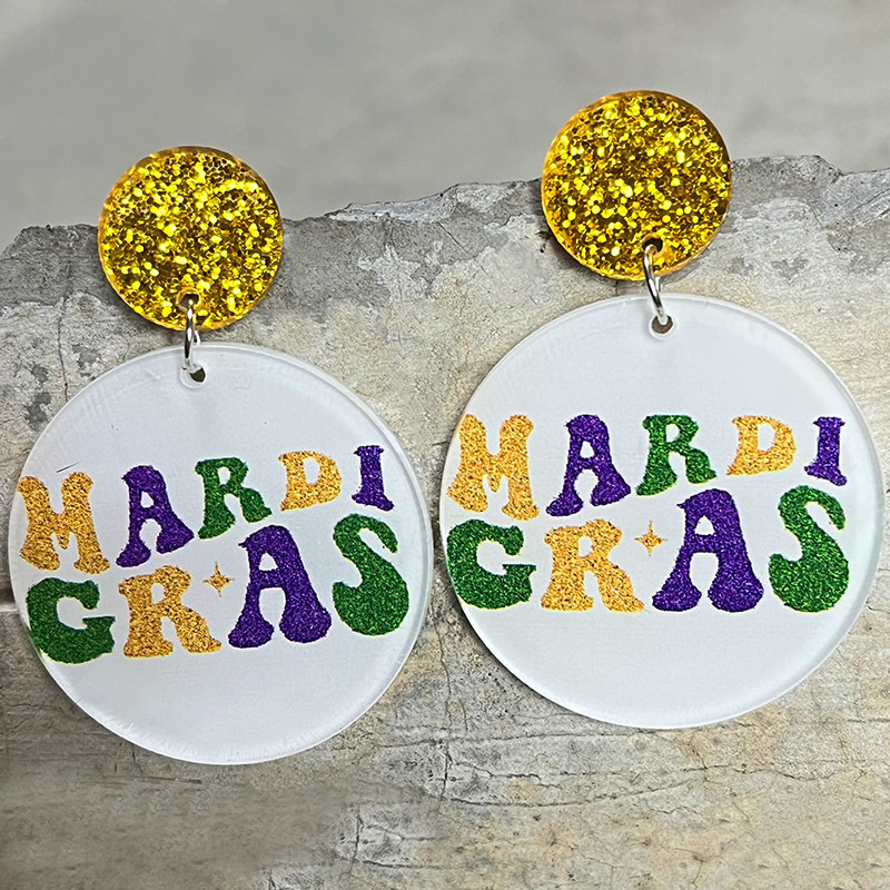 Mardi Gras Mask Earrings Glitter Teardrop Dangle Fleur De Lis Feather Green Purple Gold Hollow Jewelry Masquerade Earrings