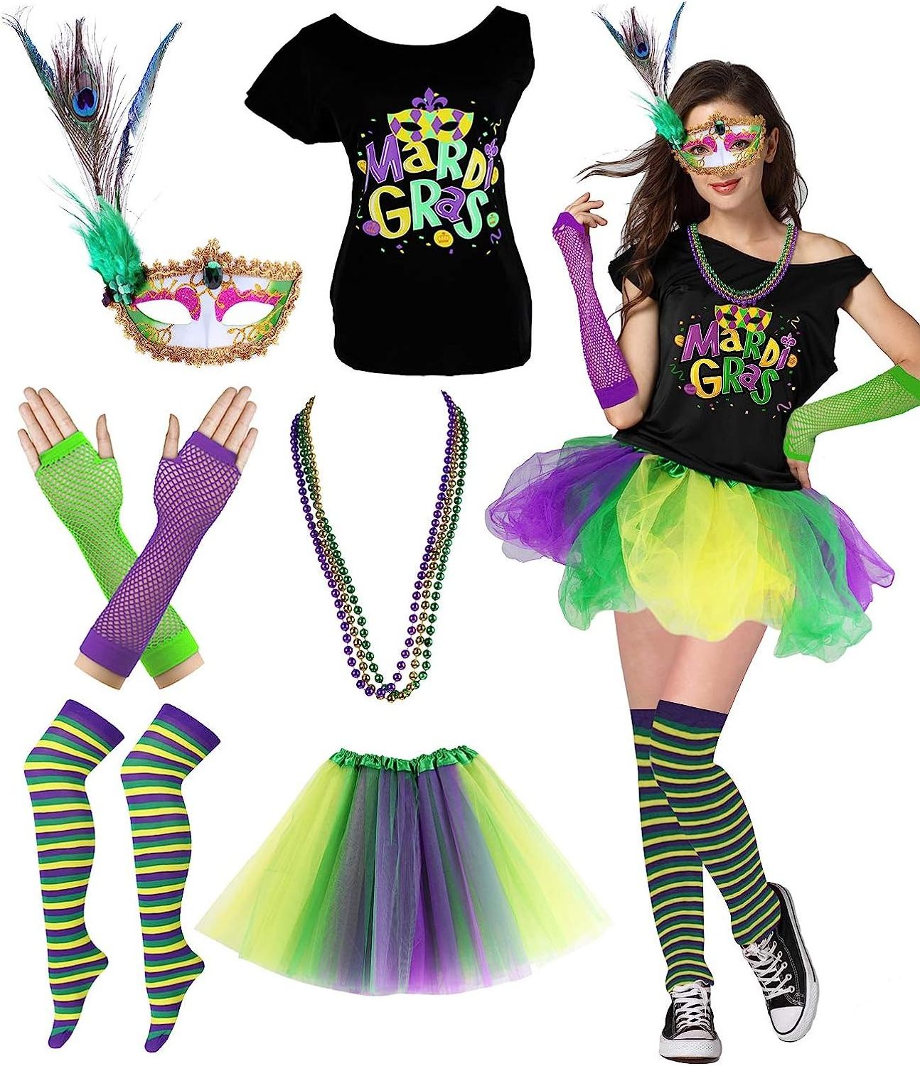 6 Pieces Fleur De Lis Glove Costume Outfit Accessories Mardi Gras Set Tutu Skirt Faux Feather Beads Long Socks for Women