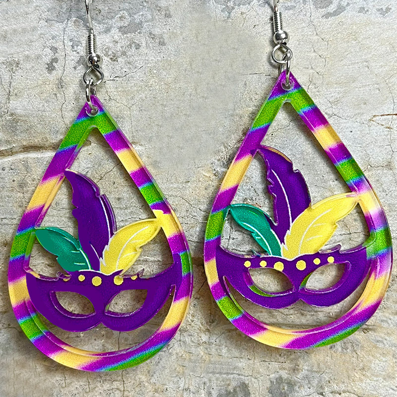 Mardi Gras Mask Earrings Glitter Teardrop Dangle Fleur De Lis Feather Green Purple Gold Hollow Jewelry Masquerade Earrings