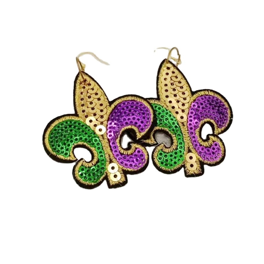 Mardi Gras Large Sequin Multi Colored Wide Sequin Fleur de Lis Earrings Purple Green Gold Costume Parade Party Carnival Earring