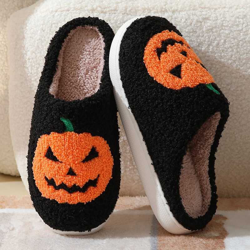 Autumn Winter Halloween Cotton Adults Slippers for Women Men Elk Pumpkin Print Christmas Thick Sole Warm Indoor Slippers Shoes