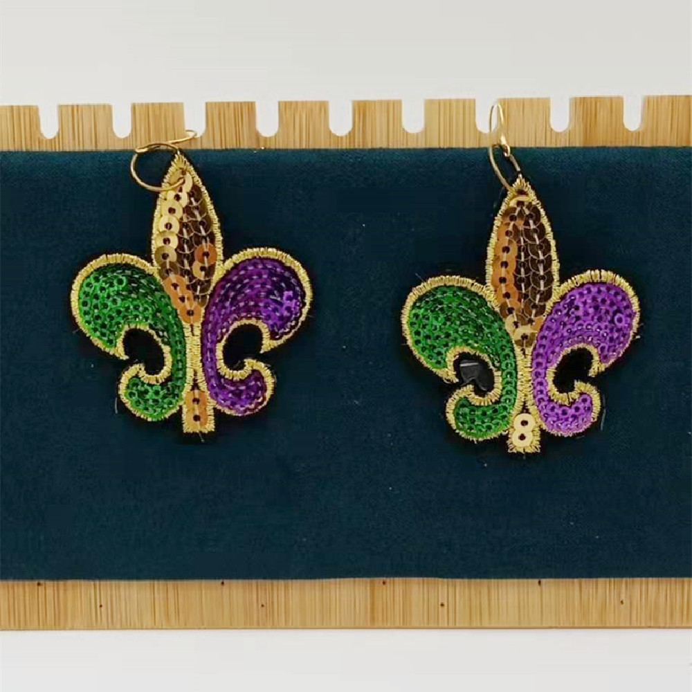 Mardi Gras Large Sequin Multi Colored Wide Sequin Fleur de Lis Earrings Purple Green Gold Costume Parade Party Carnival Earring