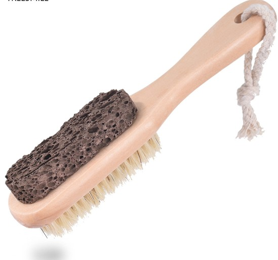 Natural Earth Lava Pumice Stone & Bristle Brush Combo Wooden Handle  Exfoliator Pedicures Foot Scrubber Smoother Feet for shower