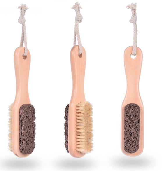 Natural Earth Lava Pumice Stone & Bristle Brush Combo Wooden Handle  Exfoliator Pedicures Foot Scrubber Smoother Feet for shower