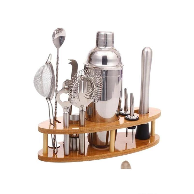 Cocktail shaker with oval bamboo stand  Promotional Shakers Oem/Odm Barware Set Bulk Bartending Stainless Steel Bar Shaker 550Ml