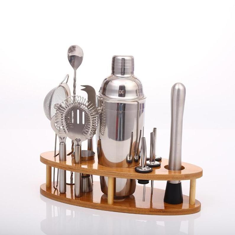 Cocktail shaker with oval bamboo stand  Promotional Shakers Oem/Odm Barware Set Bulk Bartending Stainless Steel Bar Shaker 550Ml