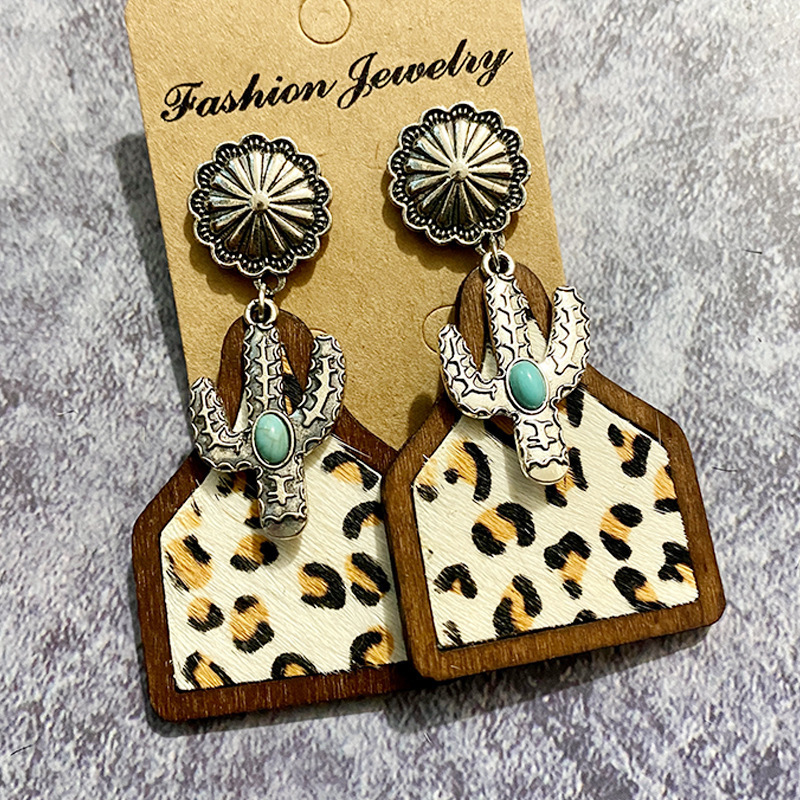 Retro Western Style Earrings Boho Genuine Leather Cow Hair Horse Hair Spliced Wooden Earrings