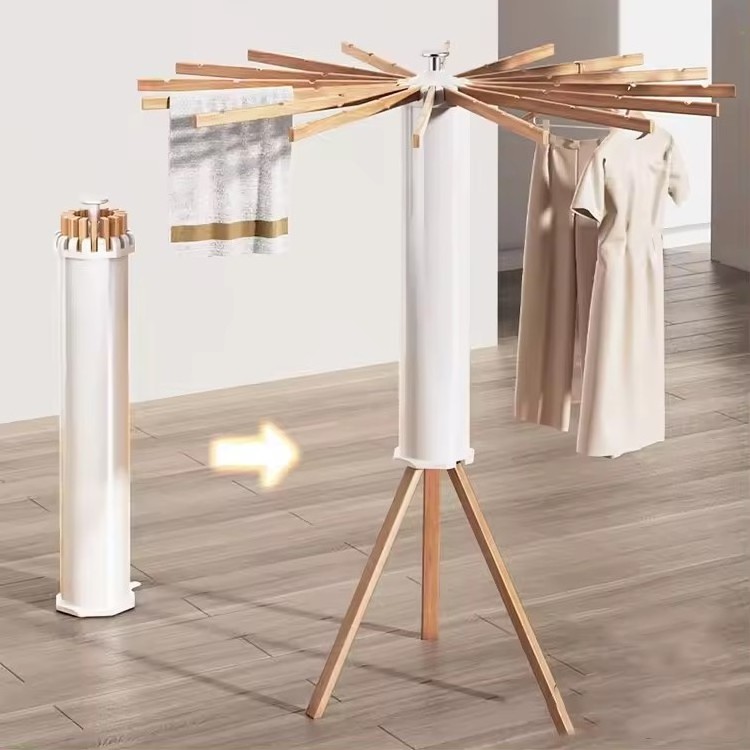 Foldable Space Saving Tripod Clothes Drying Rack Floor Standing Tripod Clothes Drying Rack with 16 Solid Beechwood poles