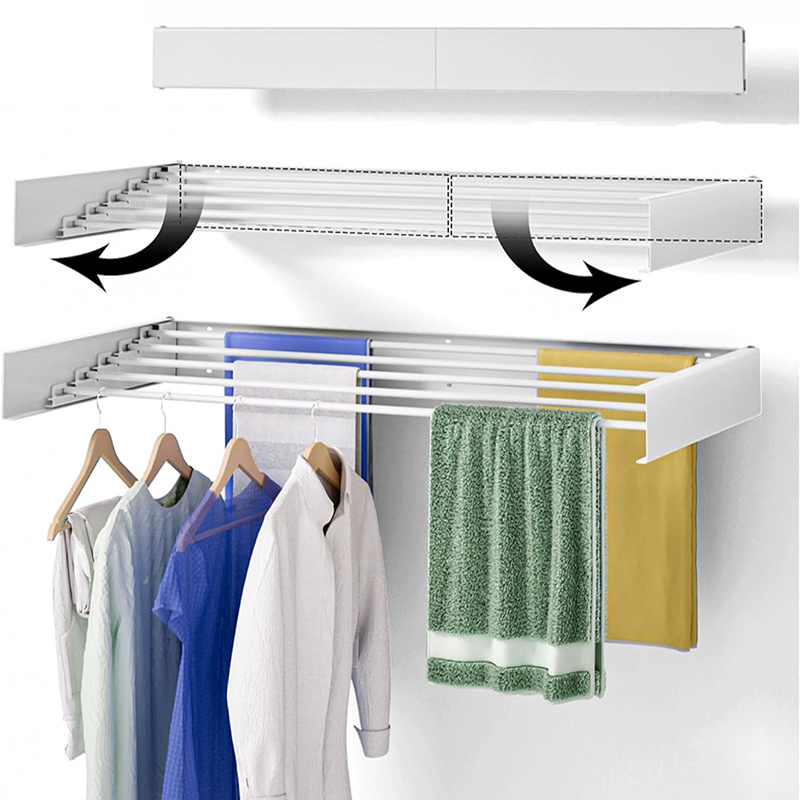 Wall Mounted Clothes Drying Rack Foldable Collapsible Retractable Towel Drying Rack for both indoor and outdoor use