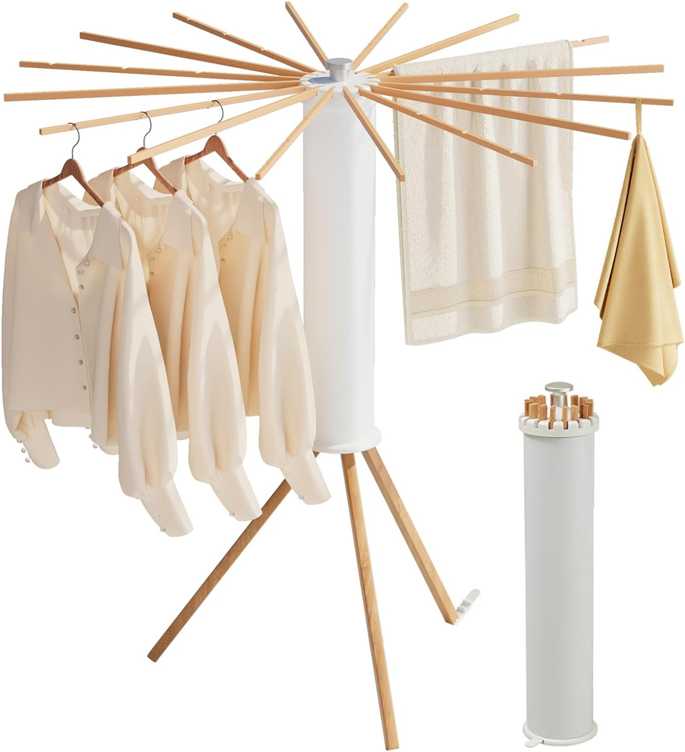 Foldable Space Saving Tripod Clothes Drying Rack Floor Standing Tripod Clothes Drying Rack with 16 Solid Beechwood poles