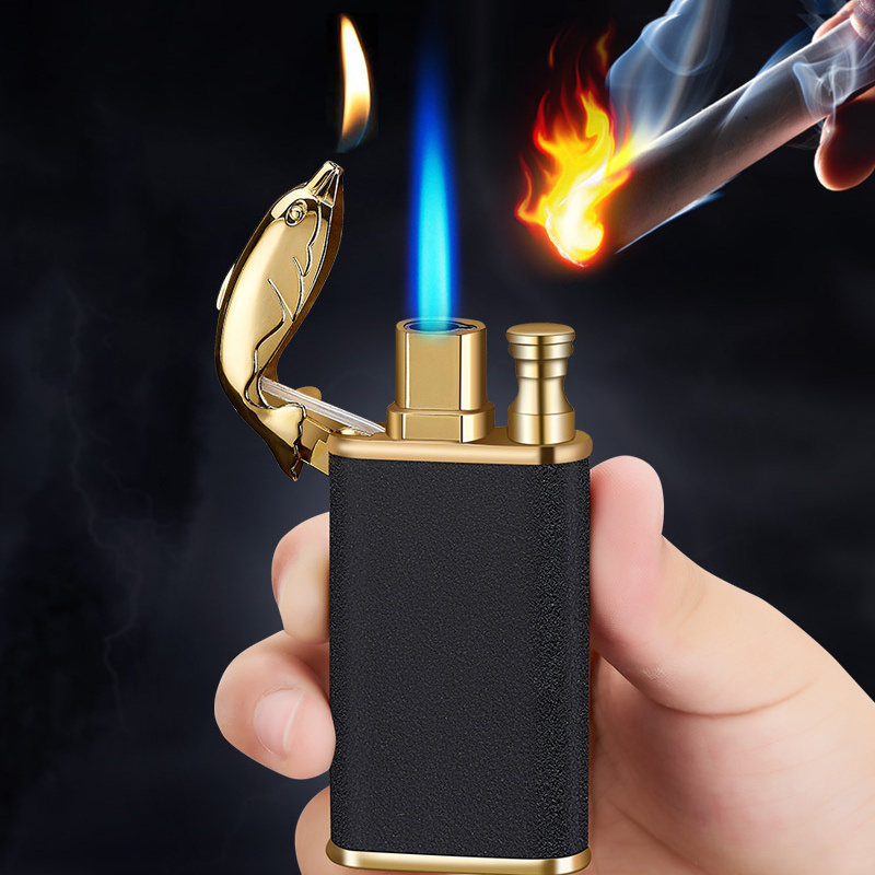 New Blue Flame Metal Crocodile  Double Fire lighter creative Inflatable Windproof Open Fire Conversion Lighter