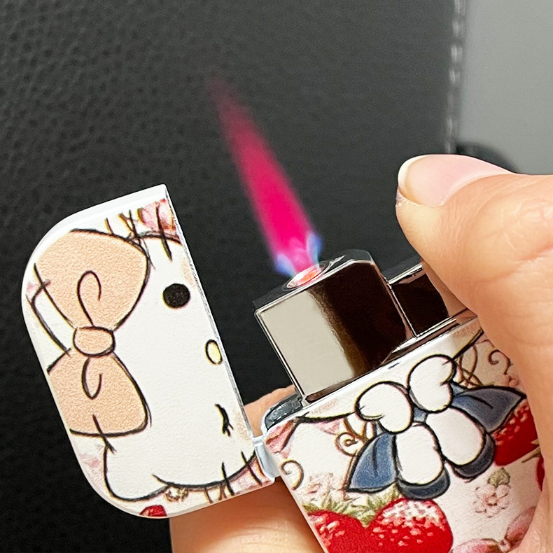 Custom Logo Color Pattern Hello Kitty Lighter Windproof Pink Flame Cute Lighter Girls Gift