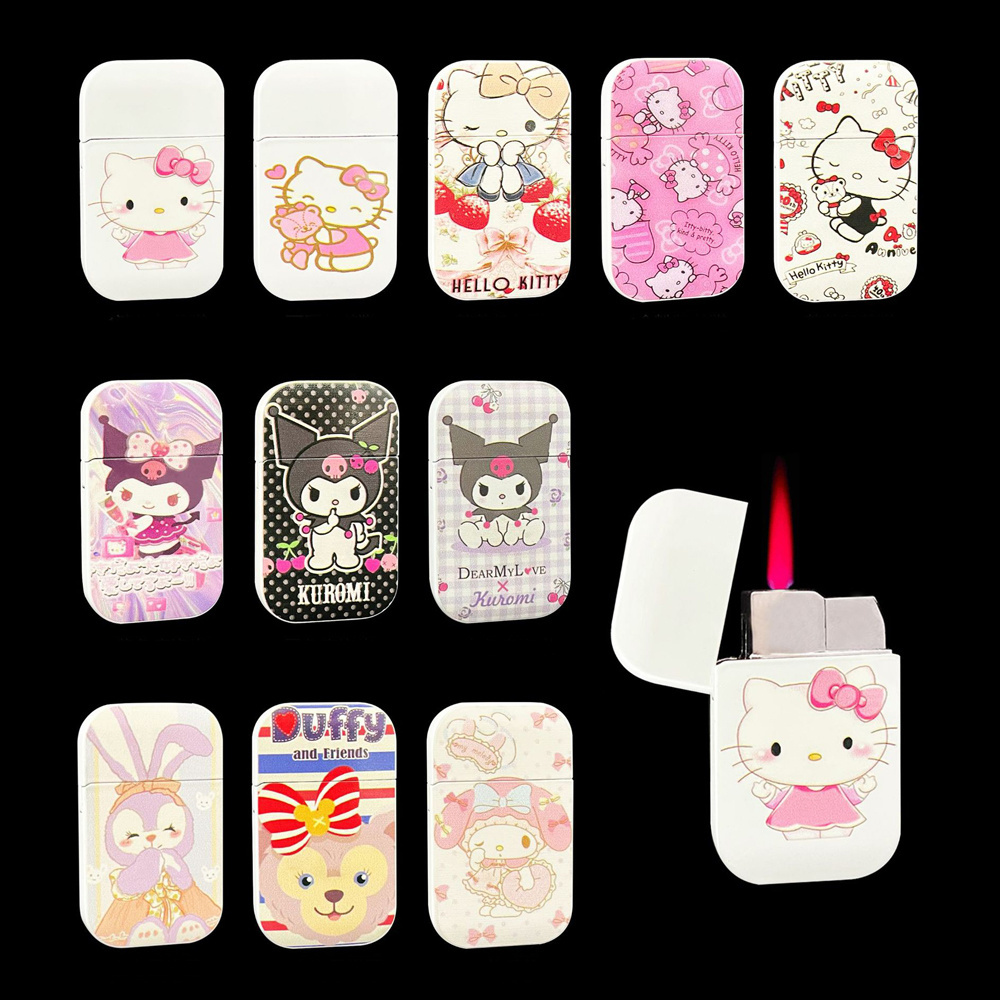 Custom Logo Color Pattern Hello Kitty Lighter Windproof Pink Flame Cute Lighter Girls Gift