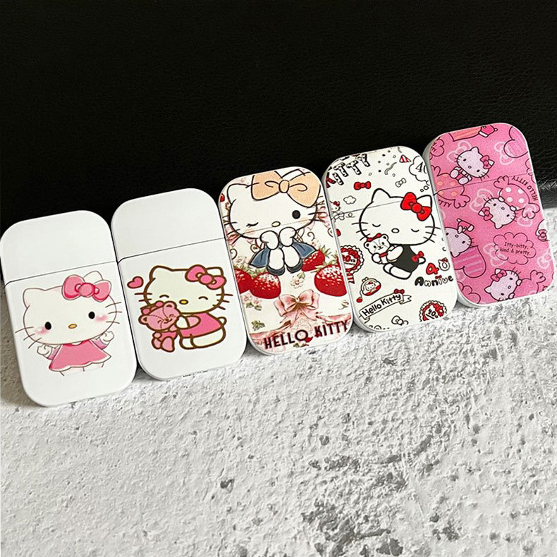 Custom Logo Color Pattern Hello Kitty Lighter Windproof Pink Flame Cute Lighter Girls Gift