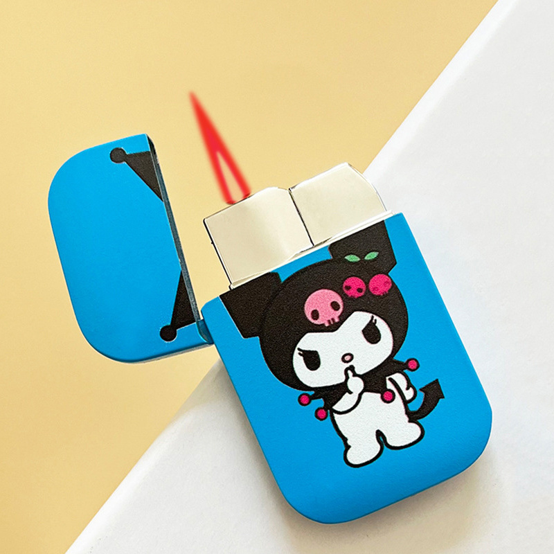 Metal luminous cartoon pattern pink flame girl gift Hello Kitty Kulomi inflatable windproof lighter