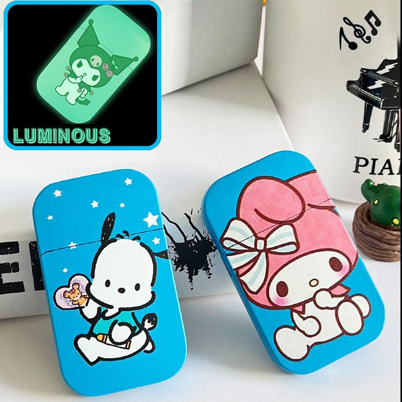 Metal luminous cartoon pattern pink flame girl gift Hello Kitty Kulomi inflatable windproof lighter