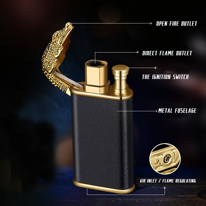 New Blue Flame Metal Crocodile  Double Fire lighter creative Inflatable Windproof Open Fire Conversion Lighter