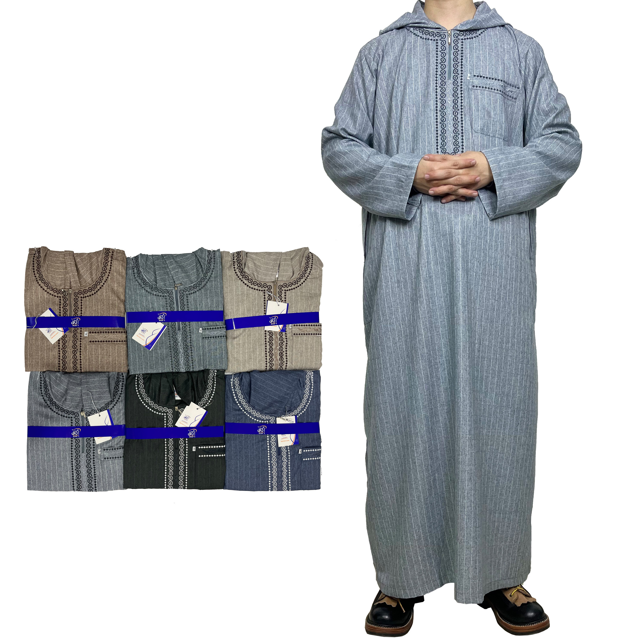 new design jubah arab islamic clothing stripe pattern robe Embroidered Caftan with hat hooded Moroccan style men thobe