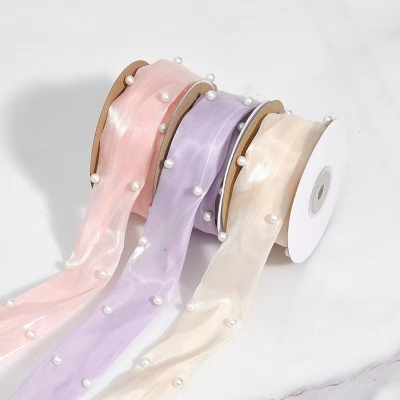 Hot sale 4.5cm Soft Sheer Chiffon Silky Pearl Ribbon Flowers Packing Ribbon For Hair Bows Crafts