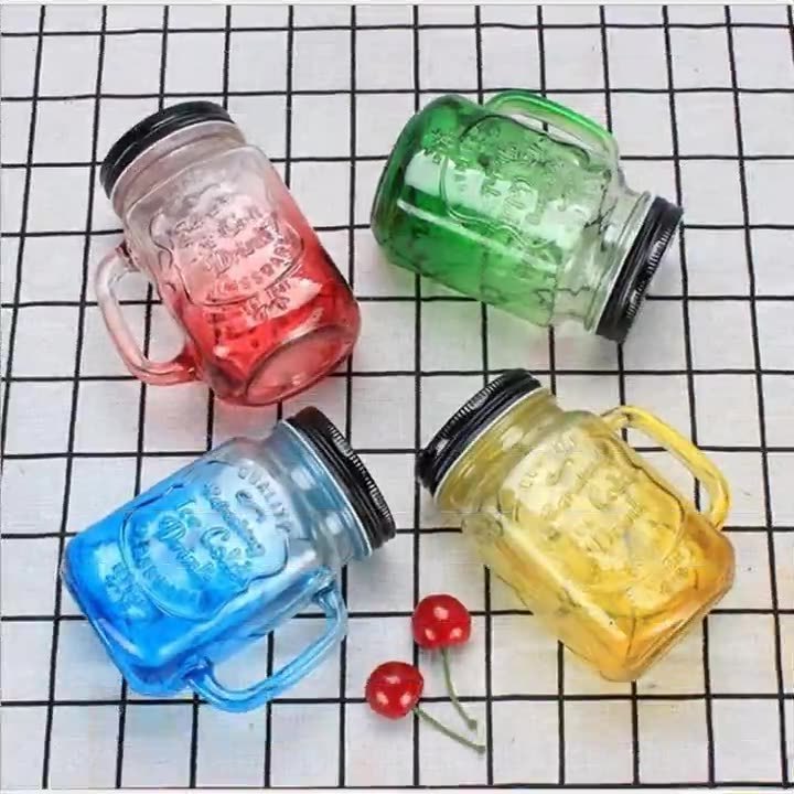 New Hot Sale colorful square 16oz glass mason jar with handles wholesale Price 480ml mason jar with straw