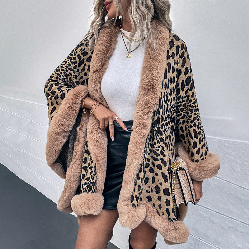 Fall Winter 2023 Fur Neck Leopard Knitted Shawl Warm Sweater Coat Cardigan Women