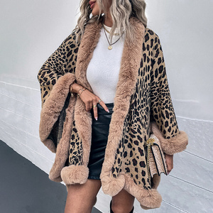 Fall Winter 2023 Fur Neck Leopard Knitted Shawl Warm Sweater Coat Cardigan Women