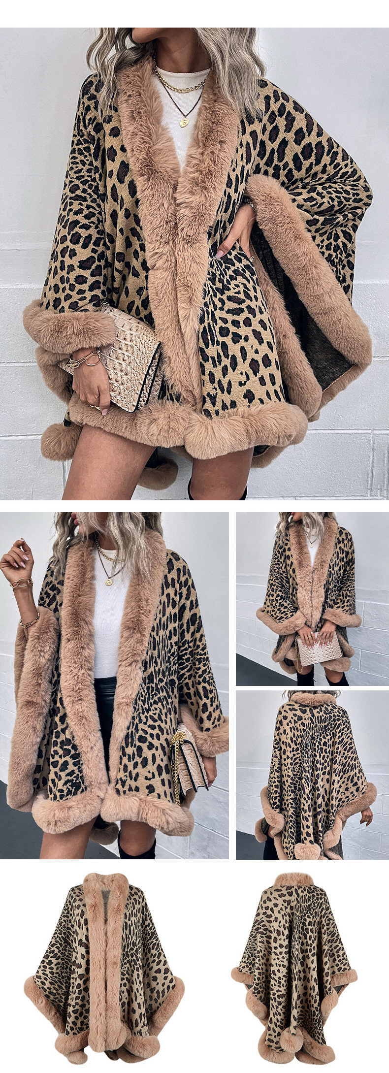 Fall Winter 2023 Fur Neck Leopard Knitted Shawl Warm Sweater Coat Cardigan Women