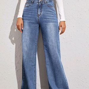 Custom Women Blue Jeans High Waist Straight Full Length Zipper Fly Pants Trouser Zipper Fly Baggy Jeans For Women