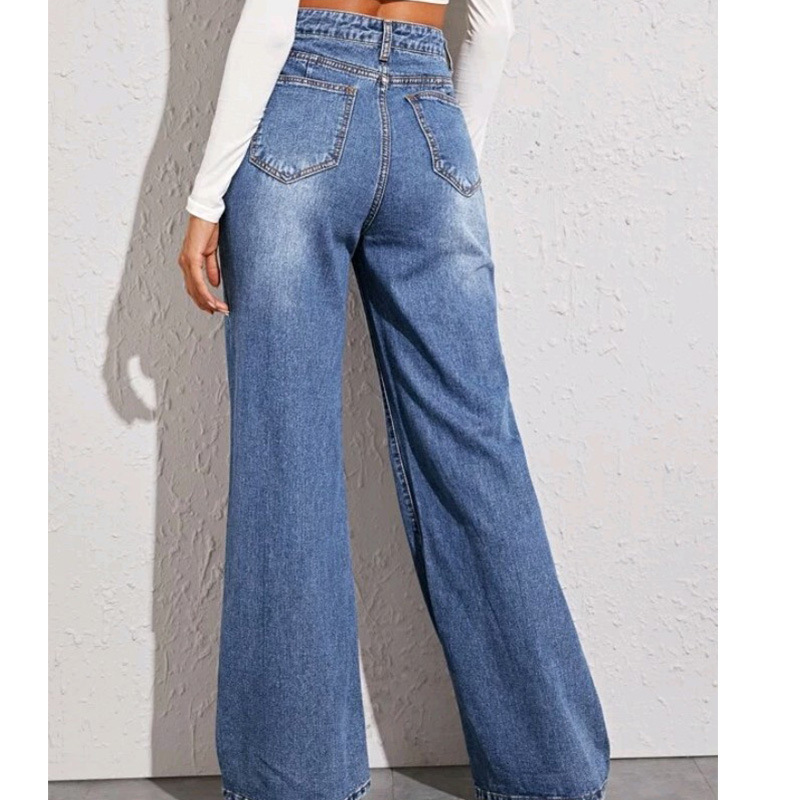 Custom Women Blue Jeans High Waist Straight Full Length Zipper Fly Pants Trouser Zipper Fly Baggy Jeans For Women