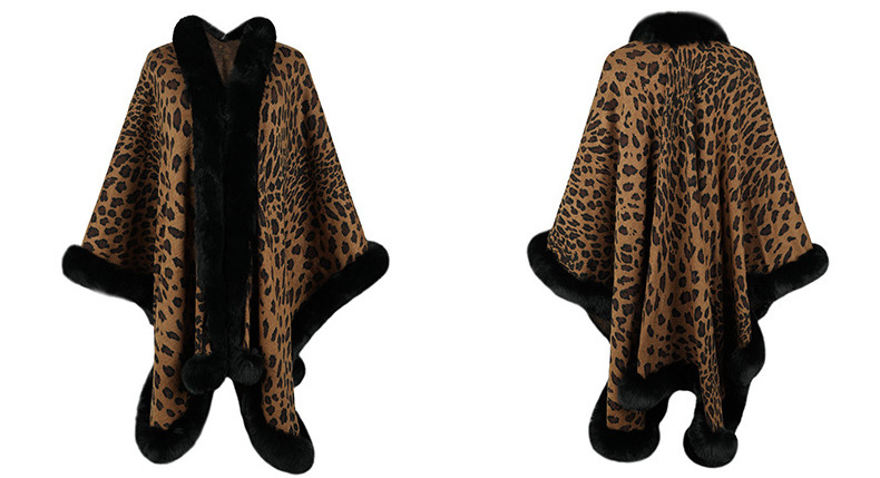 Fall Winter 2023 Fur Neck Leopard Knitted Shawl Warm Sweater Coat Cardigan Women