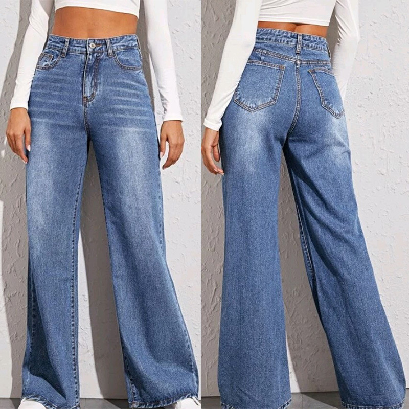 Custom Women Blue Jeans High Waist Straight Full Length Zipper Fly Pants Trouser Zipper Fly Baggy Jeans For Women