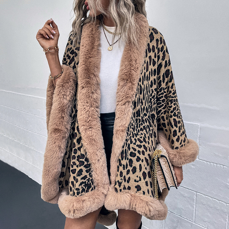 Fall Winter 2023 Fur Neck Leopard Knitted Shawl Warm Sweater Coat Cardigan Women