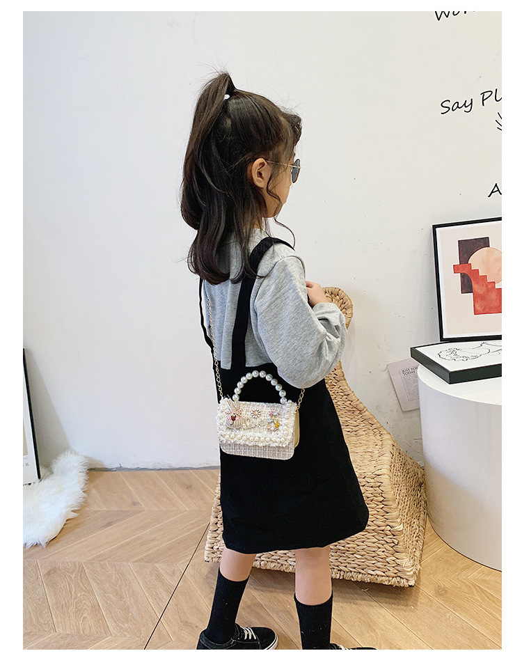 New Hot Sale Sweet Square Pearl Flower Crossbody Handbag Toddler Gifts Kids Purse Mini Girl's Handbag Shoulder Crossbody Bag