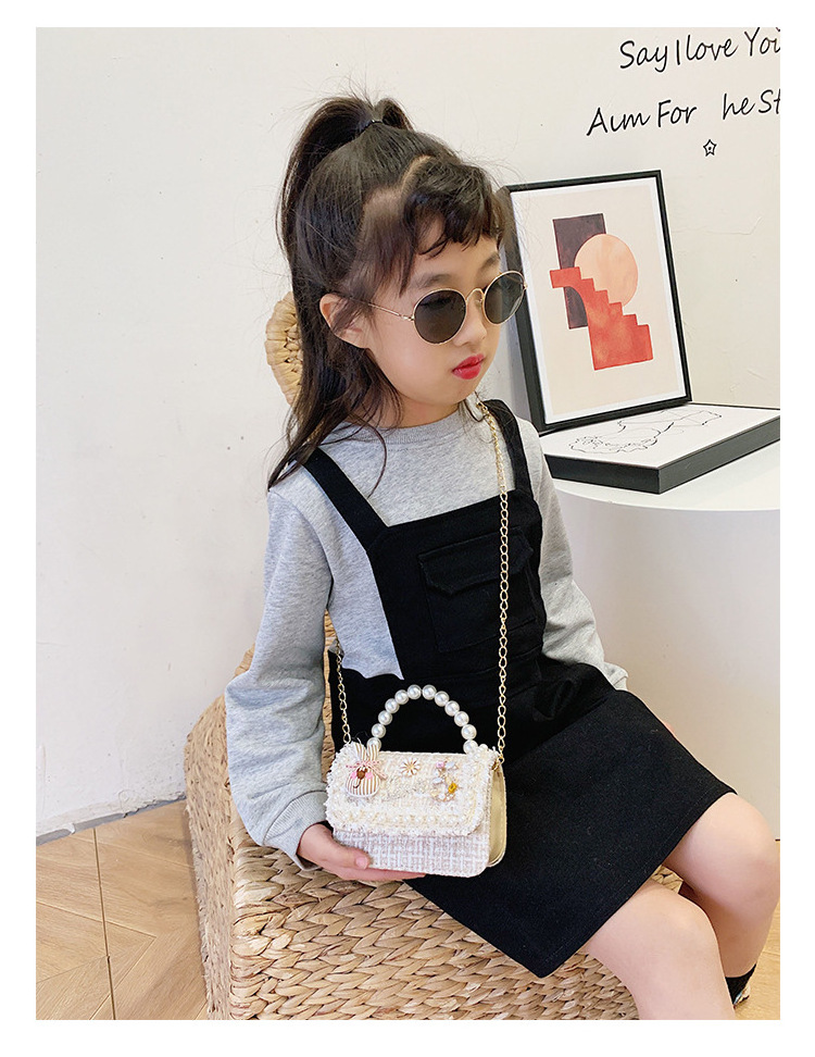 New Hot Sale Sweet Square Pearl Flower Crossbody Handbag Toddler Gifts Kids Purse Mini Girl's Handbag Shoulder Crossbody Bag