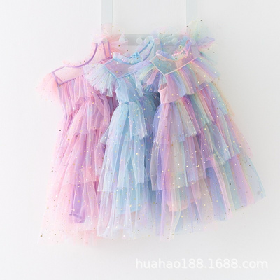 New summer  2024 girls fairy dress colorful sequin mesh cake dress for 3-8 Y best quality girls fluffy princess  tutu dress